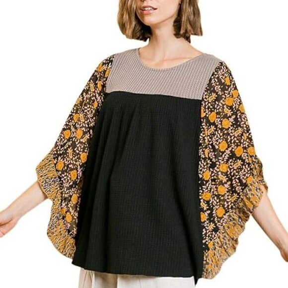 Umgee Women's Floral Mixed Print Black and Brown Waffle Knit Top Size Small - Picture 1 of 6
